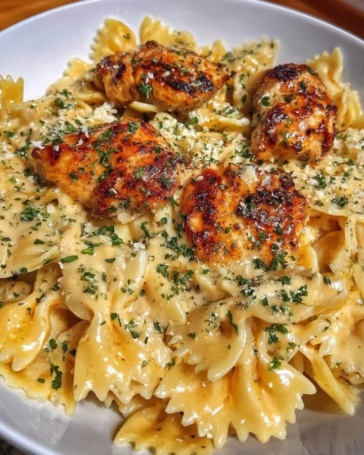 Creamy garlic parmesan chicken bowties in a rich three-cheese sauce