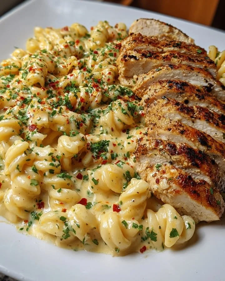 Creamy Garlic Parmesan Chicken served with cheesy twisted pasta on a plate