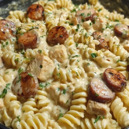 Creamy pepper jack chicken and sausage pasta served in a bowl