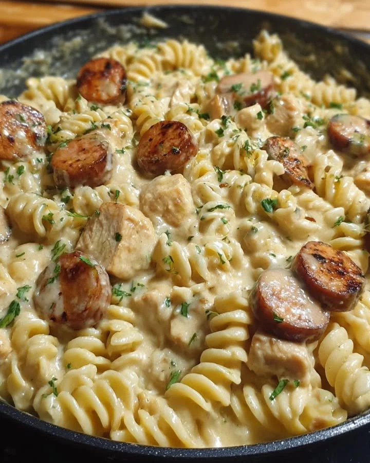 Creamy pepper jack chicken and sausage pasta served in a bowl