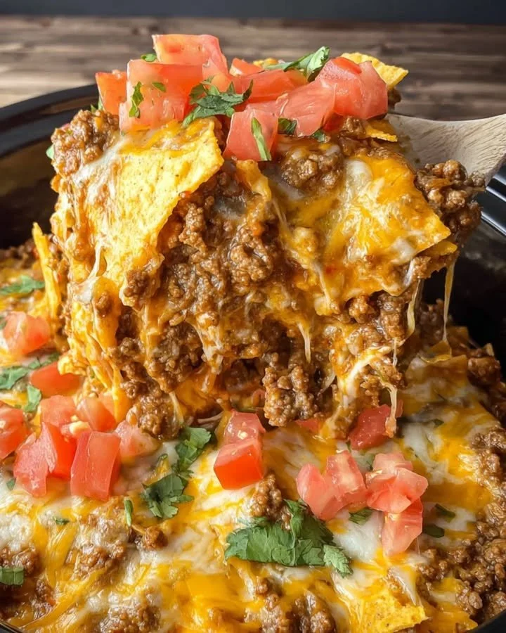 Delicious Crockpot Taco Casserole served in a dish with toppings.
