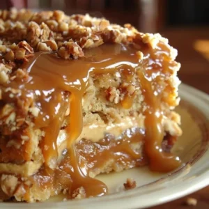 Decadent caramel crunch cake topped with rich caramel and crunchy toppings.