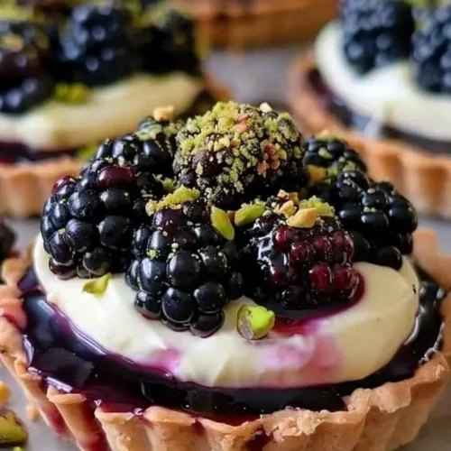 Elegant blackberry pistachio cream tarts with fresh blackberries and nuts