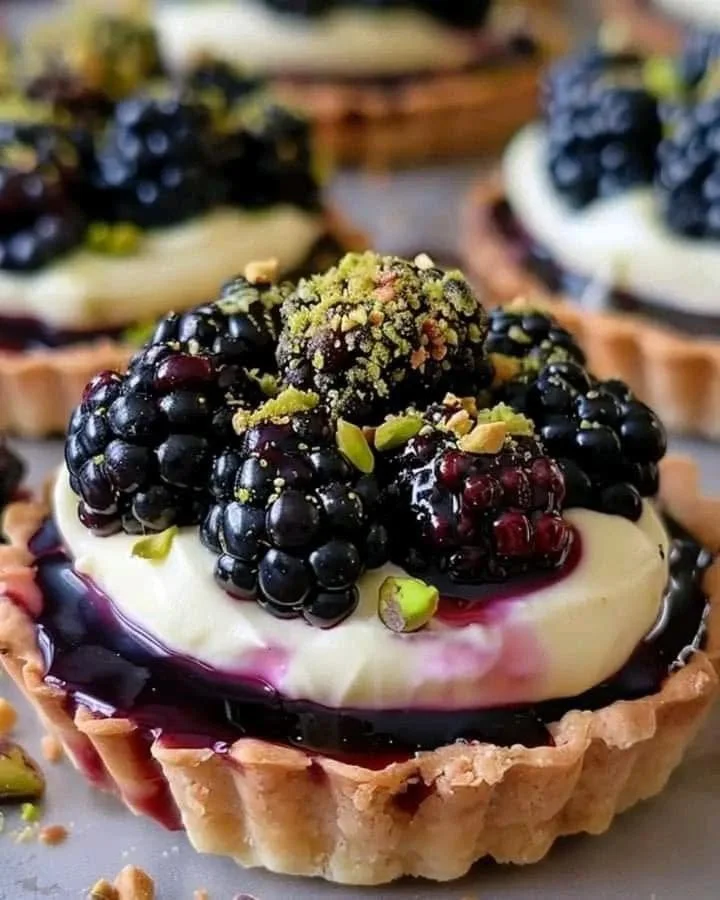 Elegant blackberry pistachio cream tarts with fresh blackberries and nuts