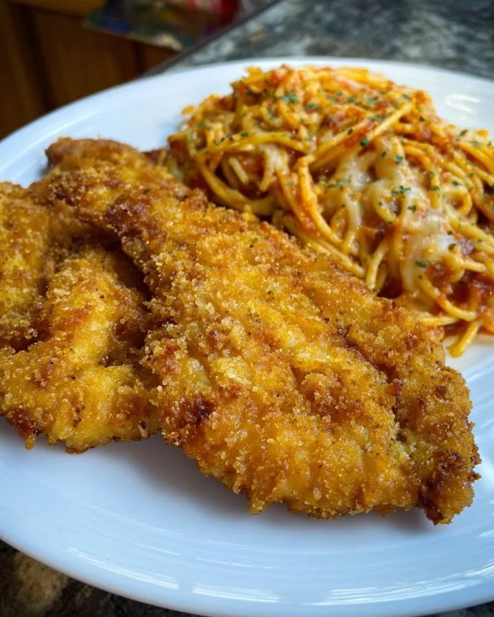 Delicious fried catfish served with spaghetti in a vibrant dish.
