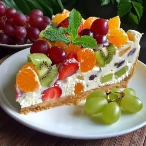Delicious fruit salad cheesecake topped with fresh fruits and creamy filling