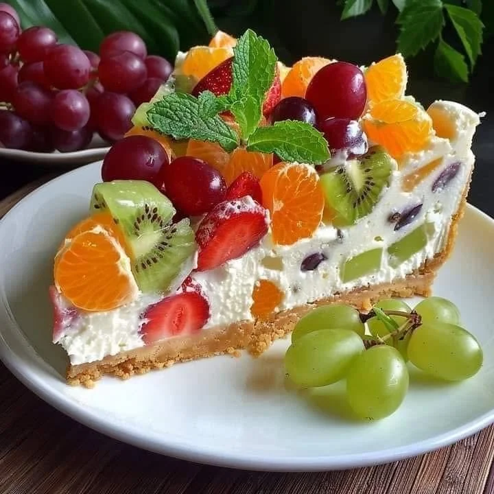 Delicious fruit salad cheesecake topped with fresh fruits and creamy filling