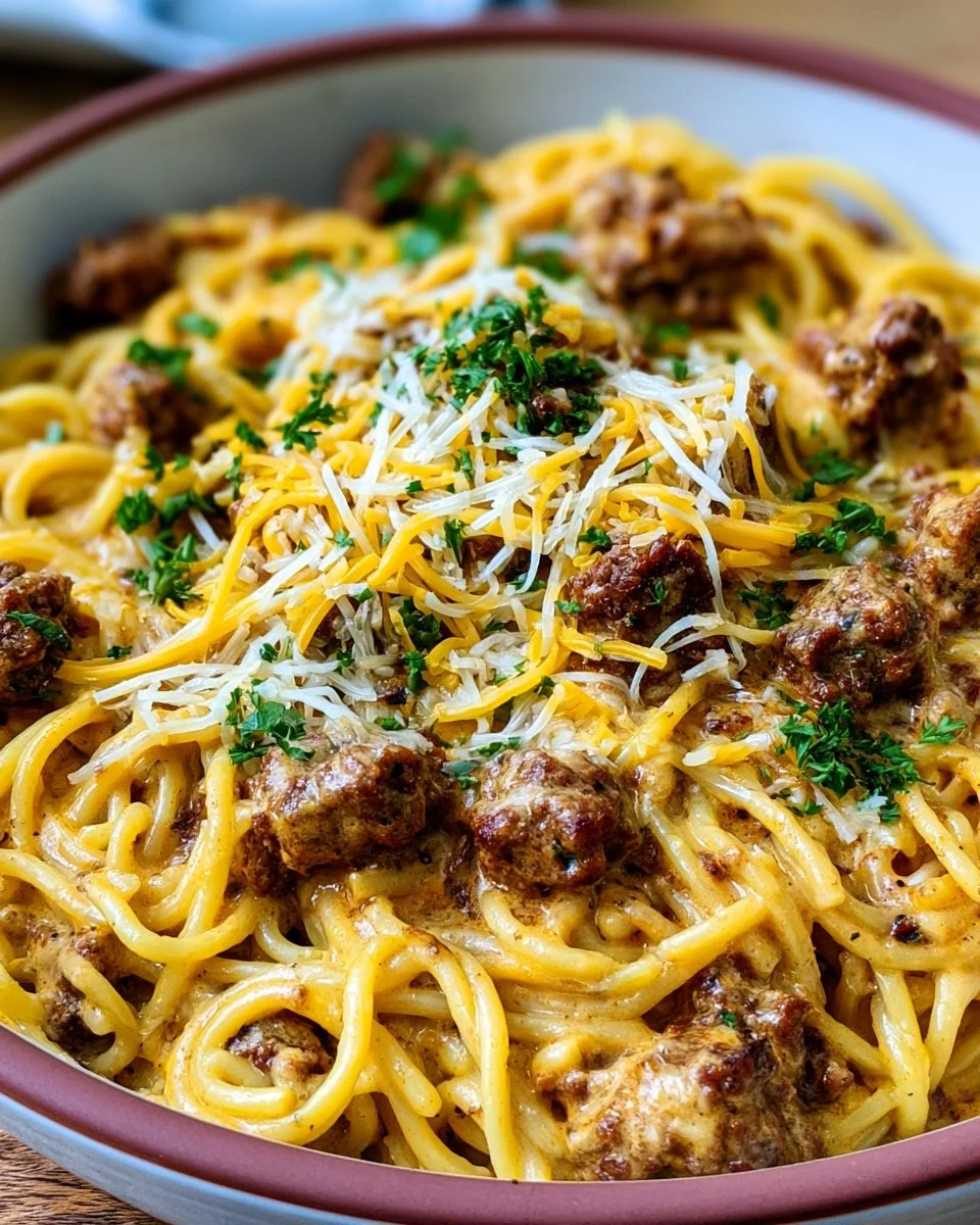 Garlic Butter Cajun Beef Spaghetti with Cheddar Parmesan Cream Sauce