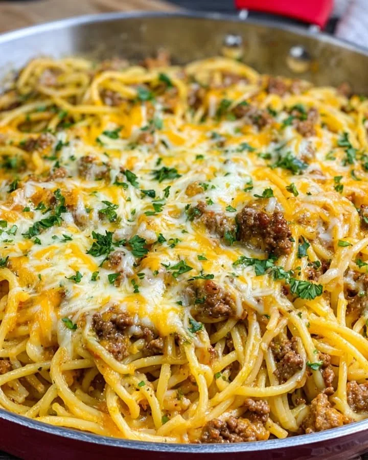 Garlic Butter Cajun Beef Spaghetti with Cheddar Parmesan Cream Sauce
