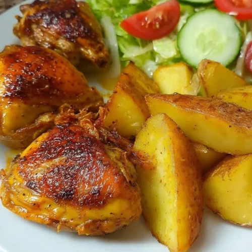 Garlic Butter Chicken served with roasted potatoes and fresh salad on a plate