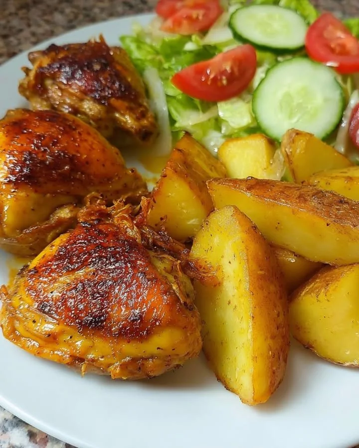 Garlic Butter Chicken served with roasted potatoes and fresh salad on a plate