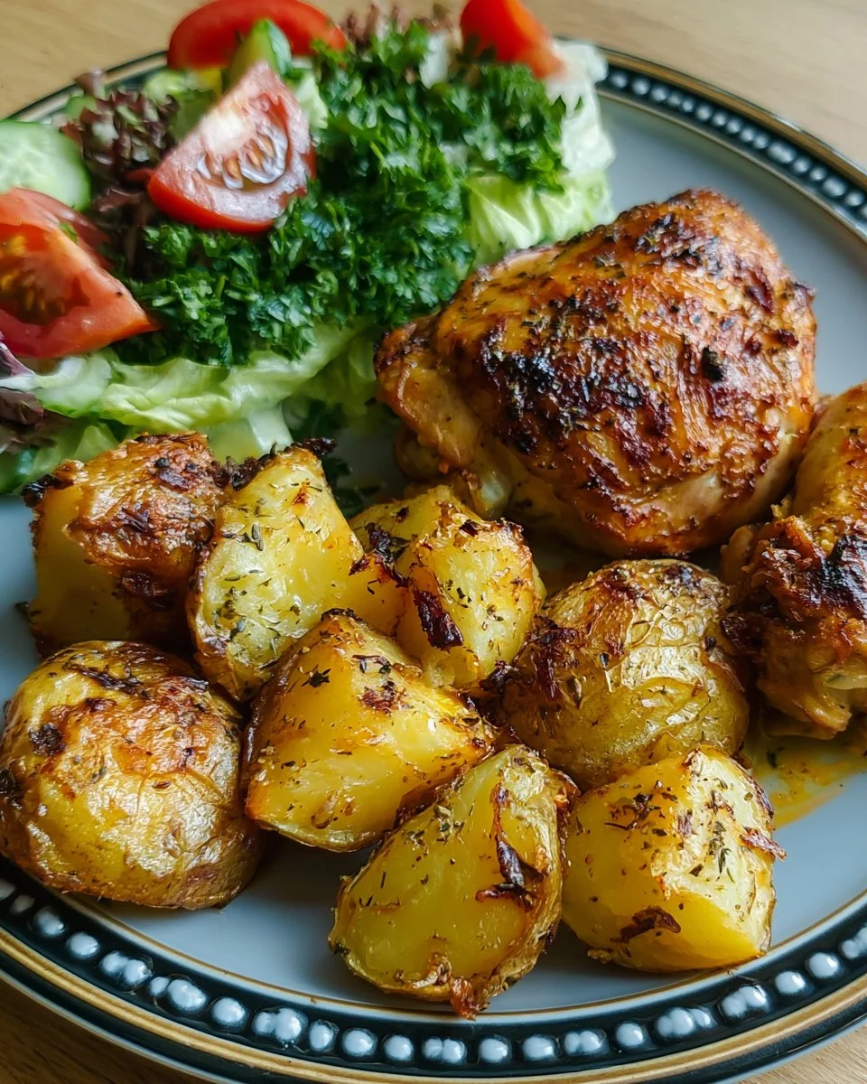 Garlic Butter Chicken with Roasted Potatoes and Fresh Salad