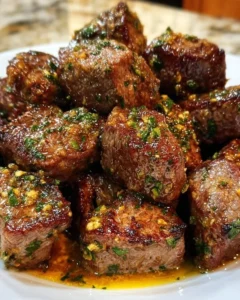 Juicy Garlic Butter Steak garnished with herbs and garlic cloves