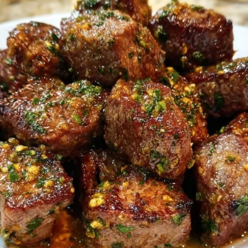 Juicy Garlic Butter Steak garnished with herbs and garlic cloves