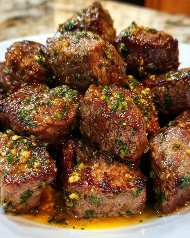 Juicy Garlic Butter Steak garnished with herbs and garlic cloves