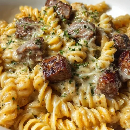 Garlic Butter Steak Rotini topped with five-cheese cream sauce