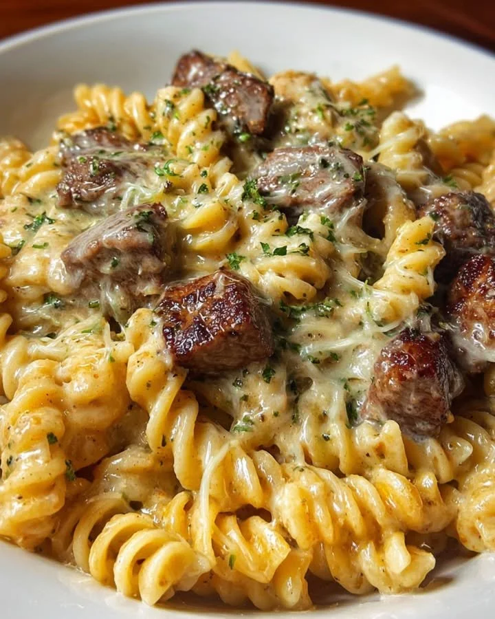 Garlic Butter Steak Rotini topped with five-cheese cream sauce