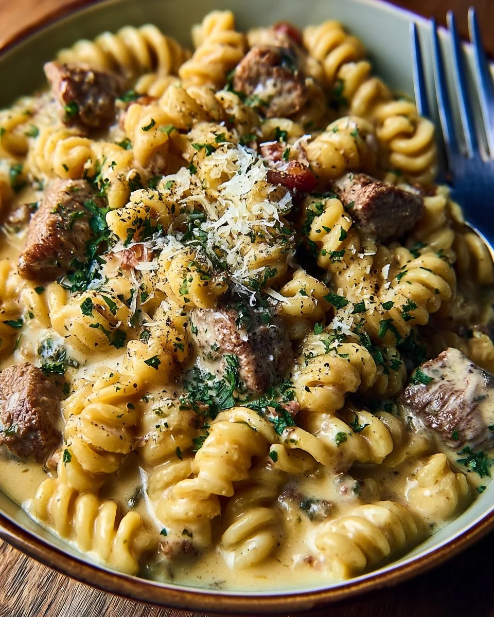 Garlic Butter Steak Rotini in Five-Cheese Cream Sauce