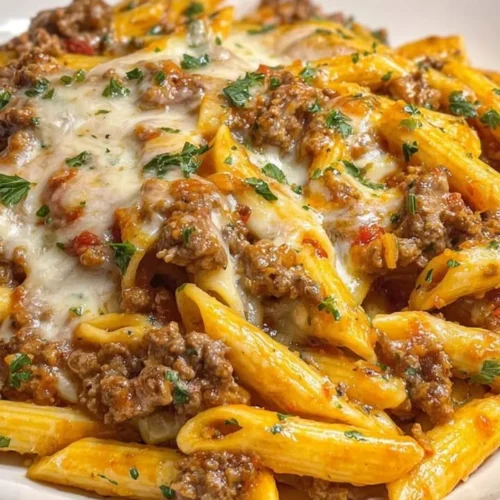Delicious Garlic Parmesan Ground Beef Penne served in a bowl with herbs