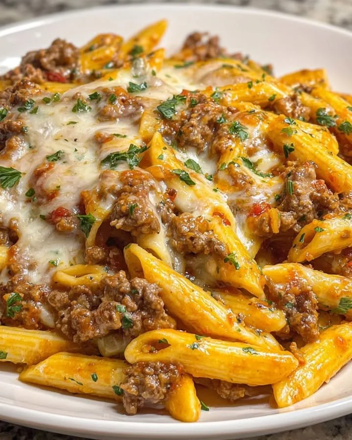 Delicious Garlic Parmesan Ground Beef Penne served in a bowl with herbs