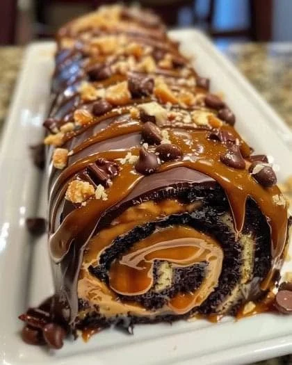 Gooey chocolate caramel turtle cake roll topped with caramel and nuts