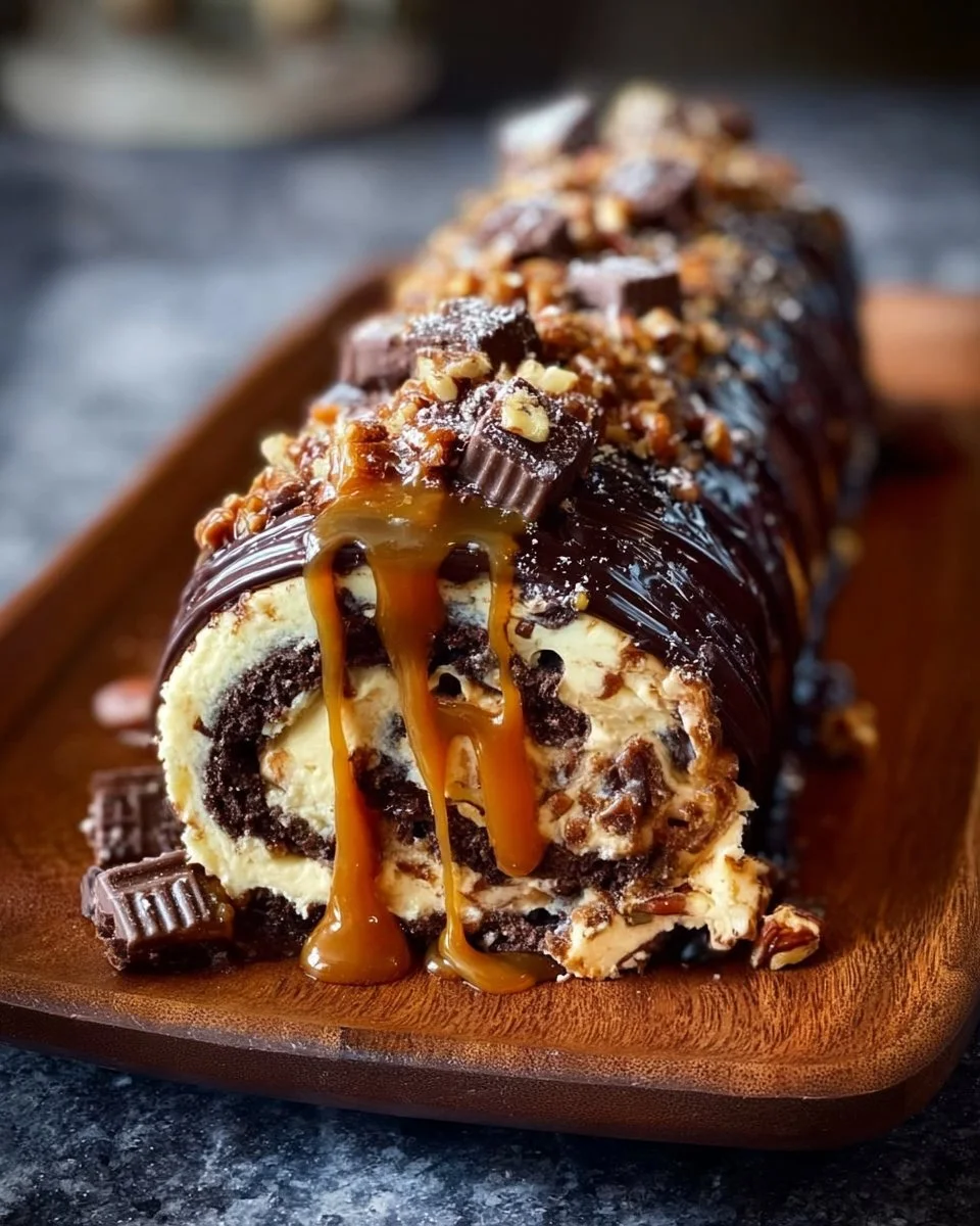 Gooey Chocolate Caramel Turtle Cake Roll