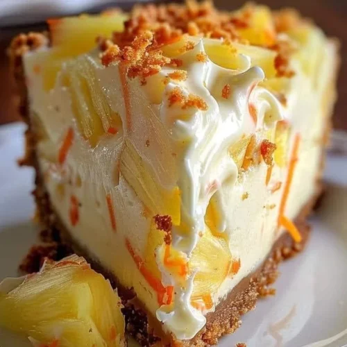 Slice of Hawaiian Pineapple Carrot Cheesecake topped with pineapple and cream cheese