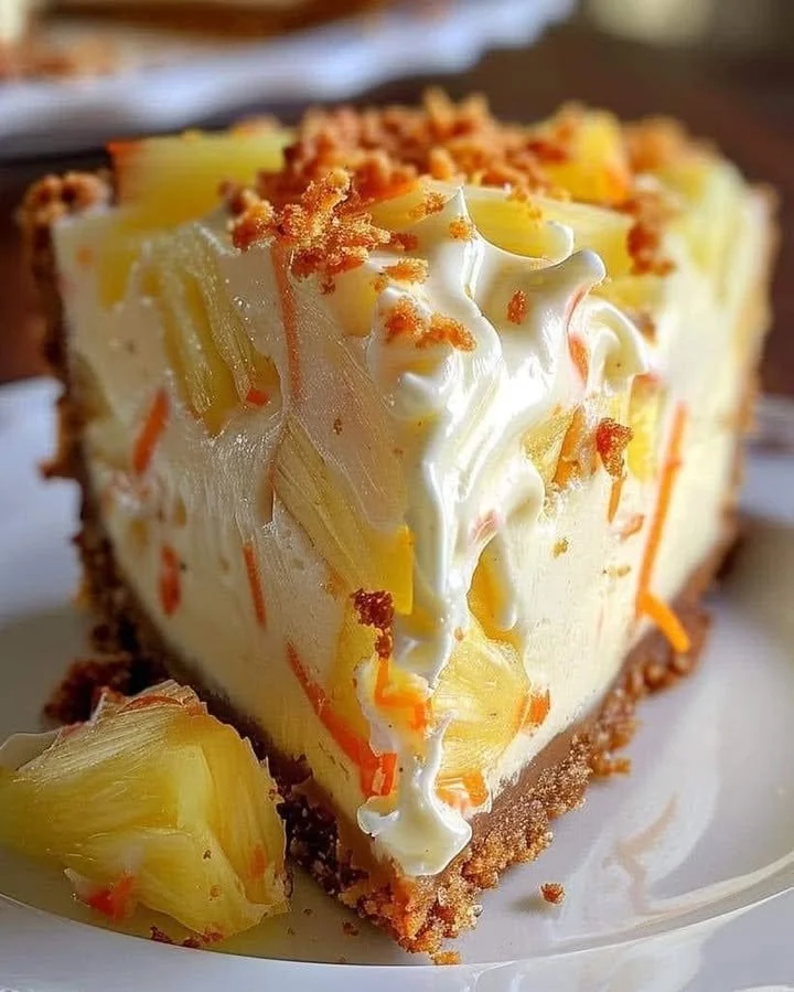 Slice of Hawaiian Pineapple Carrot Cheesecake topped with pineapple and cream cheese