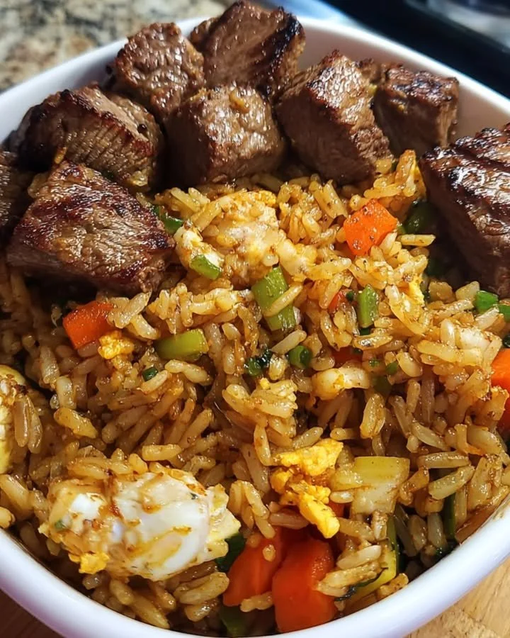 Delicious Hibachi Fried Rice with chicken and steak on a plate
