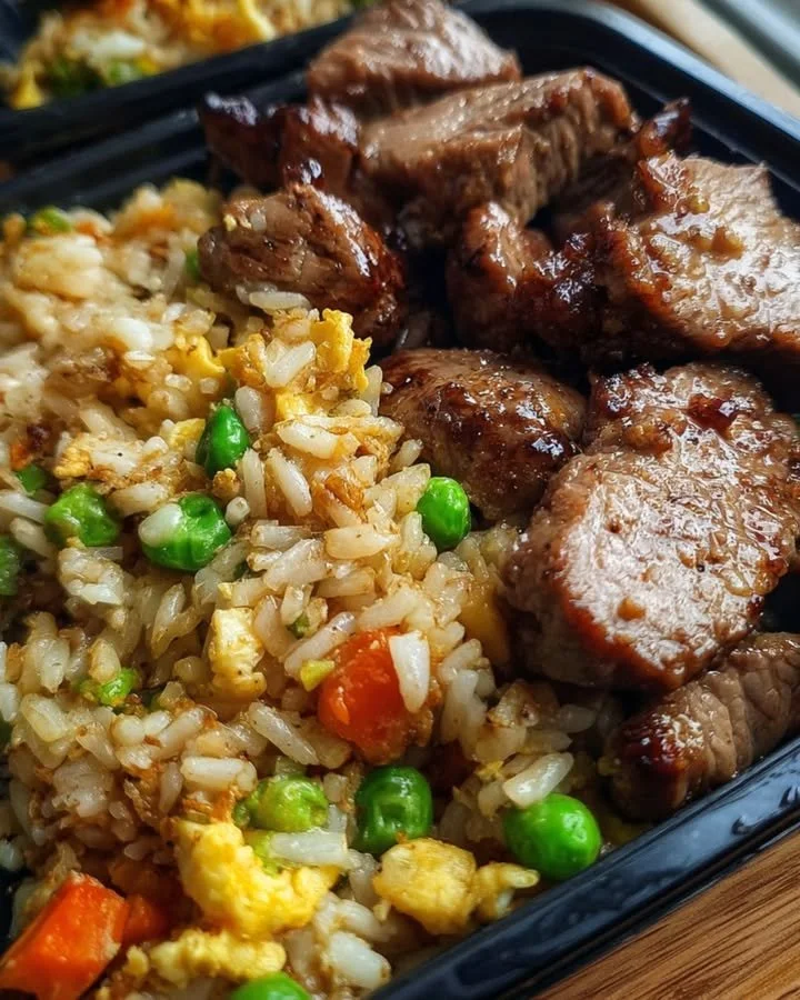 Homemade hibachi chicken and steak fried rice served in a bowl