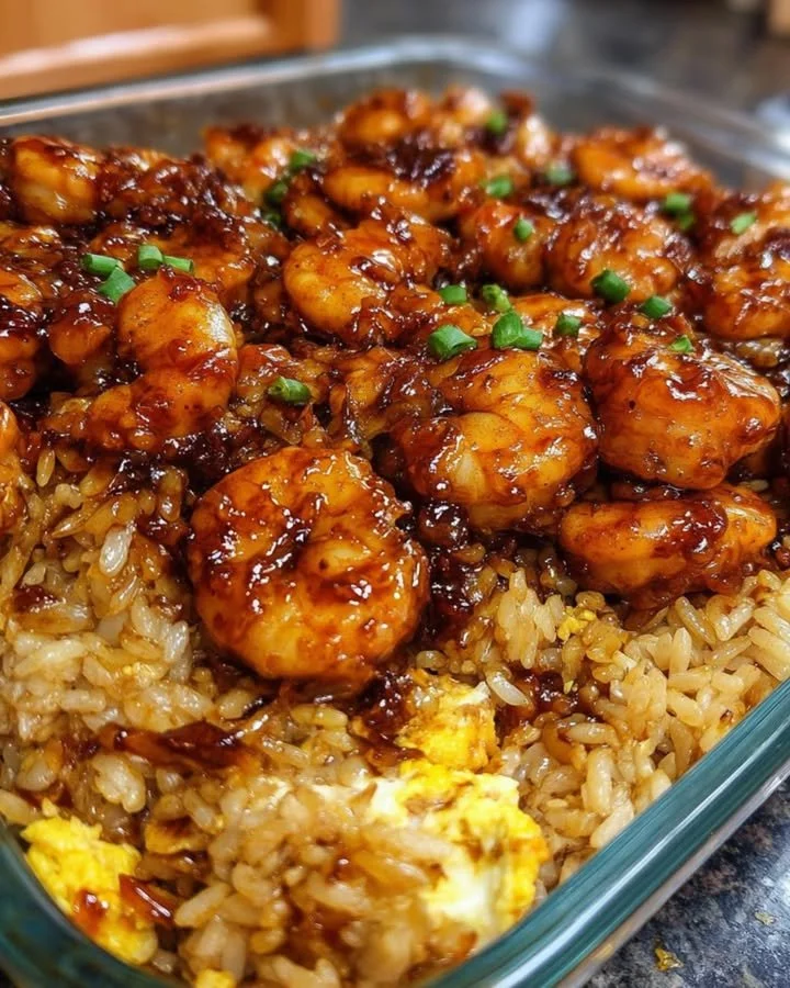 Delicious Honey Garlic Chicken served with Shrimp Fried Rice in a colorful bowl