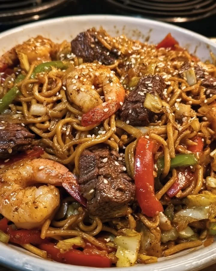 Honey Garlic Steak served with shrimp lo mein, a delicious fusion dish.