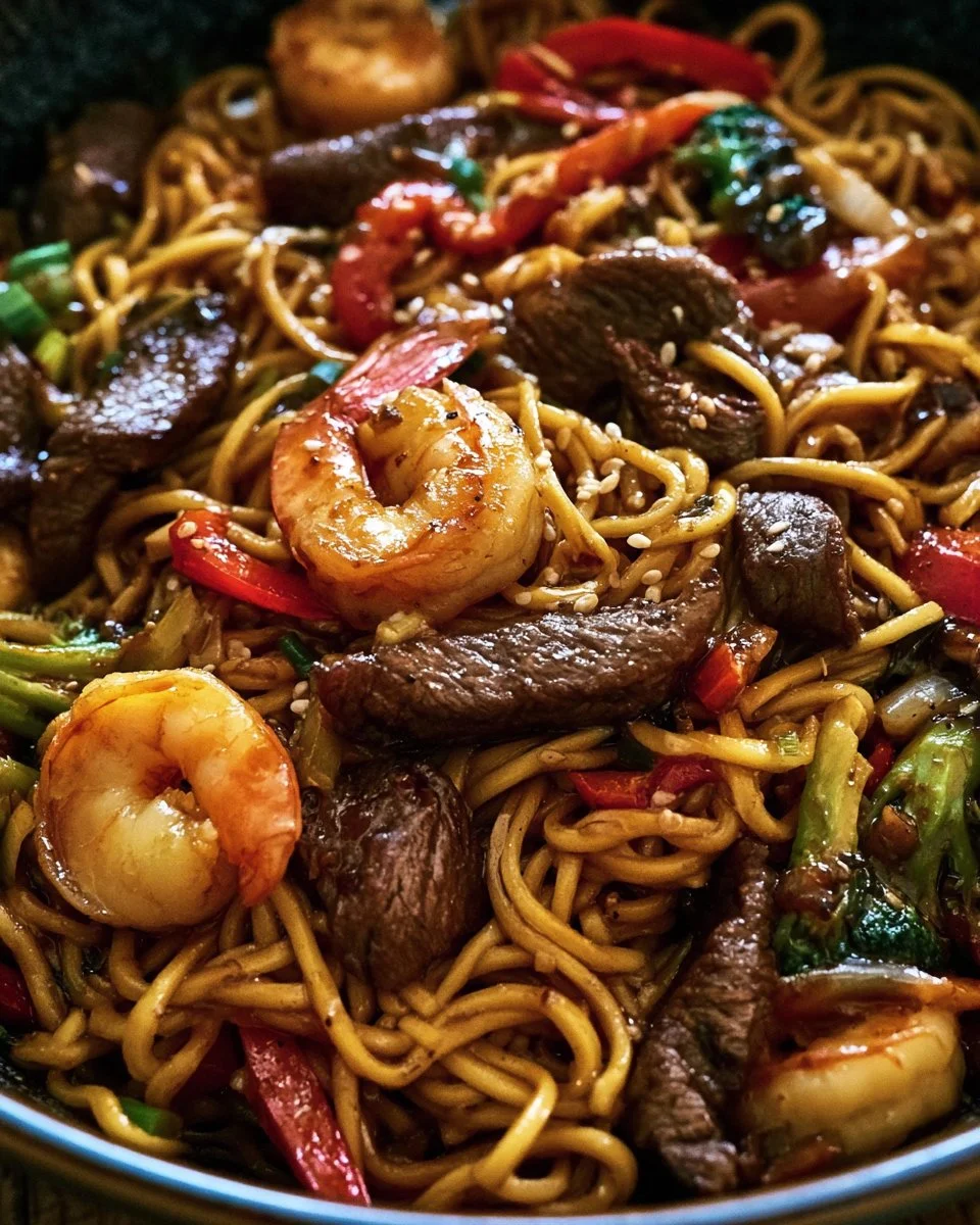 Honey Garlic Steak and Shrimp Lo Mein