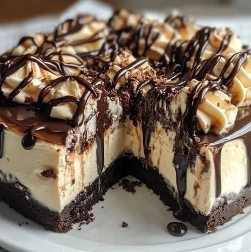Hot fudge sundae brownie cheesecake topped with chocolate sauce and whipped cream