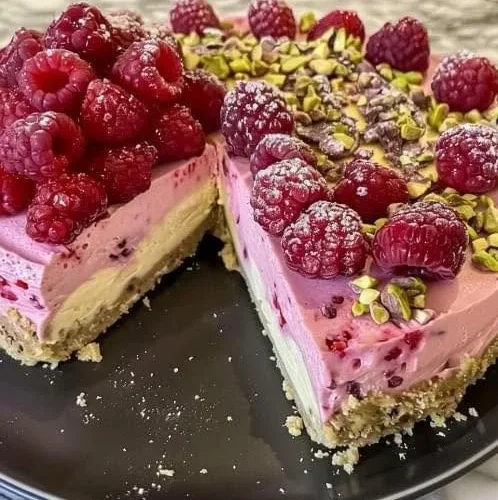 Lemon Kissed Raspberry Cheesecake with Pistachio Crumb beautifully plated dessert