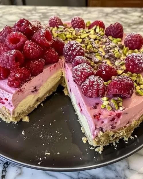 Lemon Kissed Raspberry Cheesecake with Pistachio Crumb beautifully plated dessert