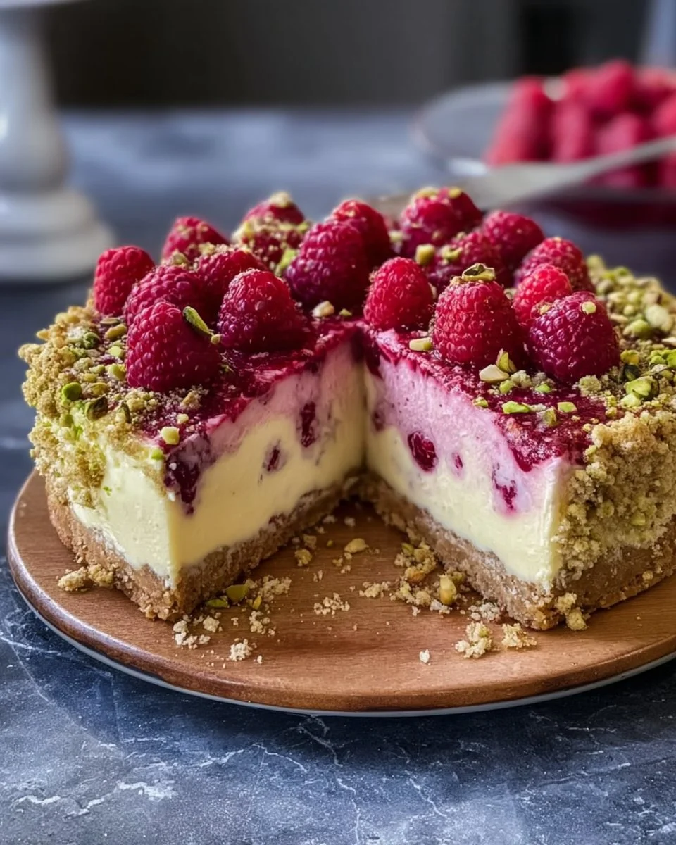 Lemon Kissed Raspberry Cheesecake with Pistachio Crumb