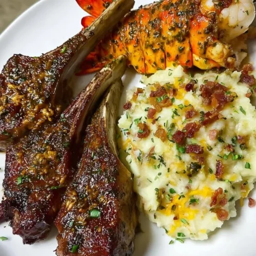 Lobster and Lamb Plate with loaded mashed potatoes elegantly served on a white dish