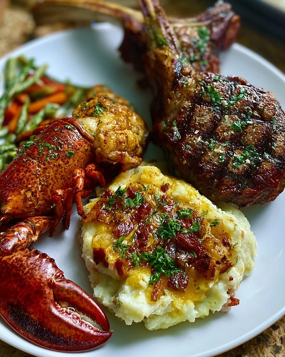 Lobster and Lamb Plate with Loaded Mashed Potatoes