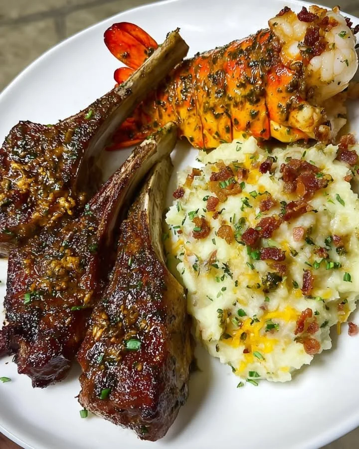 Lobster and Lamb Plate with Loaded Mashed Potatoes
