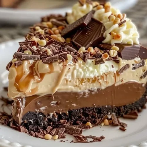 No-Bake German Chocolate Cheesecake topped with coconut and pecan garnish
