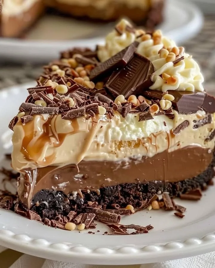 No-Bake German Chocolate Cheesecake topped with coconut and pecan garnish