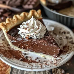 Delicious old-fashioned chocolate pie with whipped cream topping on a plate.