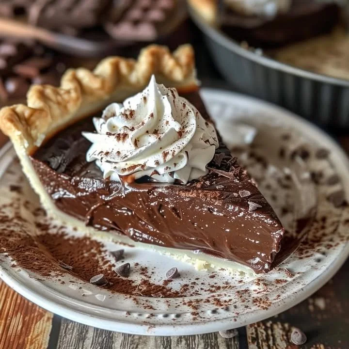 Delicious old-fashioned chocolate pie with whipped cream topping on a plate.