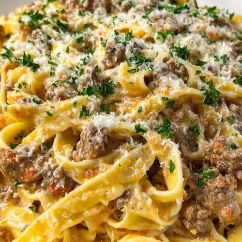 One-Pot Garlic Butter Ground Beef Fettuccine in Parmesan Cream
