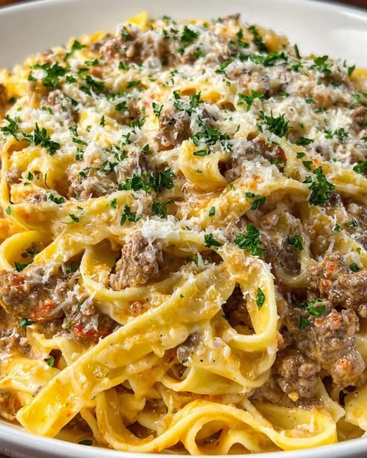 One-Pot Garlic Butter Ground Beef Fettuccine in Parmesan Cream