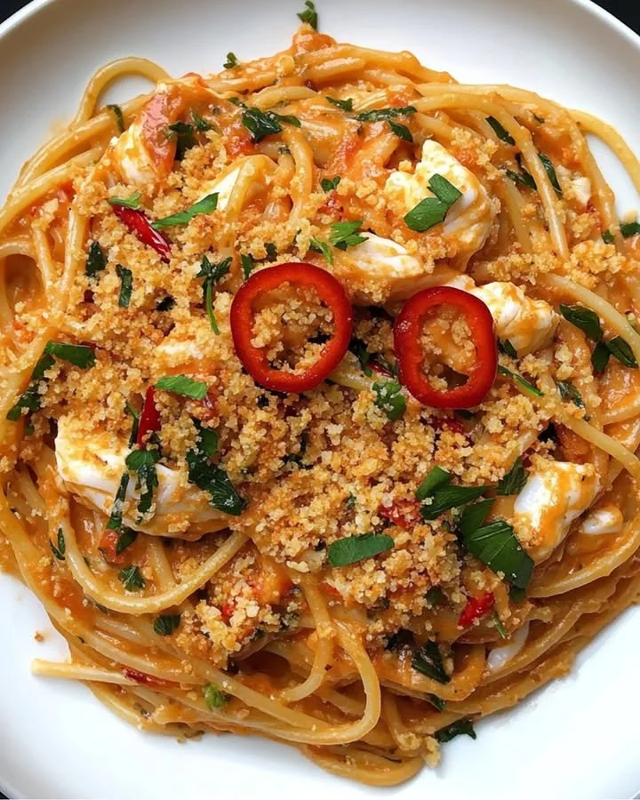 Plate of pasta with crab, tomato, and chiles garnished with herbs