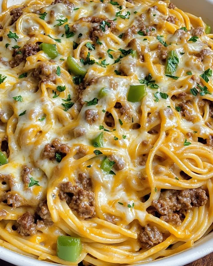 Philly cheesesteak ground beef spaghetti skillet topped with cheese in a pan.