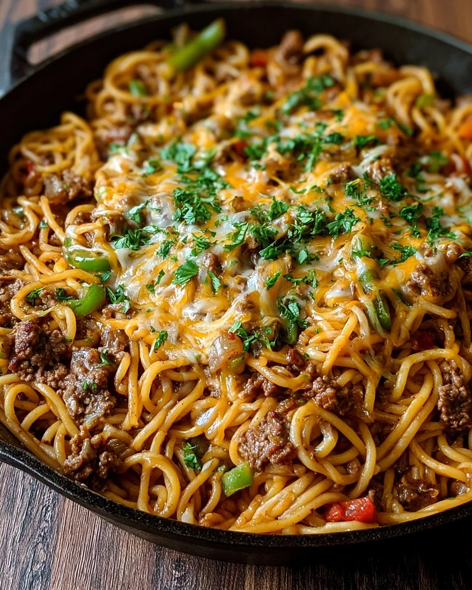 Philly Cheesesteak Ground Beef Spaghetti Skillet