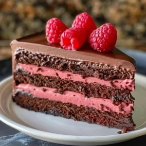 Decadent Raspberry Chocolate Mousse Cake topped with fresh raspberries and chocolate shavings.
